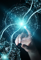 Businesswoman using digital network connection sphere 3D rendering