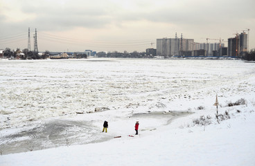 Frozen Neva River on the outskirts of St. Petersburg.