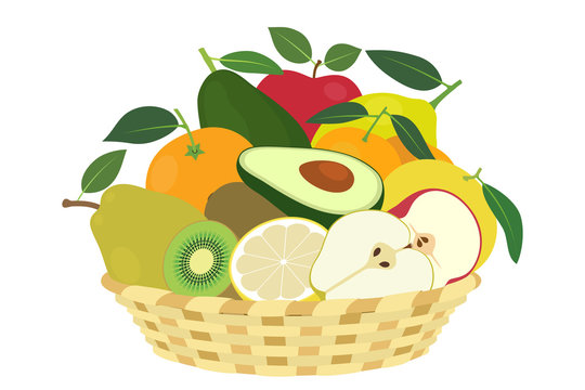 Basket of winter fruit isolated on white background
