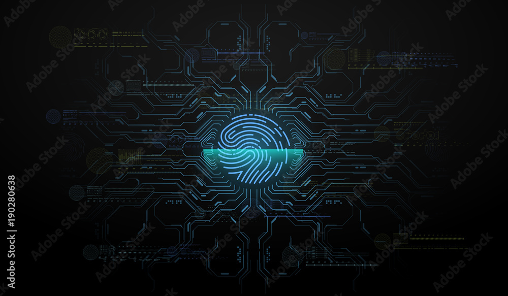 Poster finger scan in futuristic style. biometric id with futuristic hud interface. fingerprint scanning te