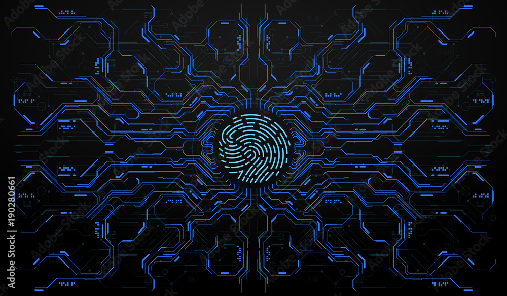 Poster finger scan in futuristic style. biometric id with futuristic hud interface. fingerprint scanning te