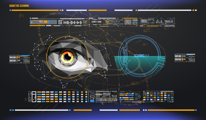 eye in process of scanning. Biometric scan with futuristic HUD interface. Control and security in the accesses. Surveillance system, immersive technology