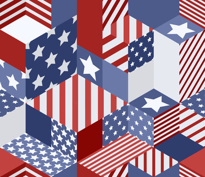 Vector seamless USA flags pattern. 3d isometric cubes background in american flag colors. Geometric patchwork illustration.