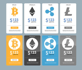 Set of offer tariffs for cryptocurrency operations. ui ux vector banner for web app. set of pricing table, order, box, button, list with plan for website in flat design.
