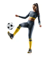 Foto op Canvas Football soccer player in action. Photo of sporty woman in sportswear isolated white background. Dynamic movement. © Romario Ien