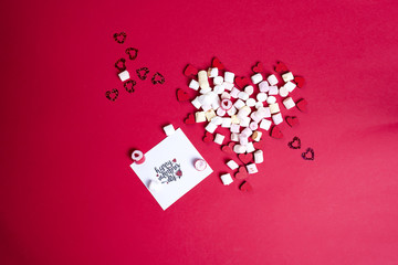 Valentine's Day with wooden hearts and marshmallow