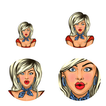 Vector pop art avatar of surprised pin up blonde girl in scarf to announce discounts or sales. Great icon with lady for networking, web, chat, blog or advertising discounts, sales, promotion.