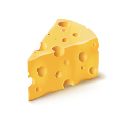 Cheese piece with holes vector 3D isolated illustration on white background. Emmental or Cheddar hard cheese slice, triangular piece with holes isolated icon with shadow for dairy food design