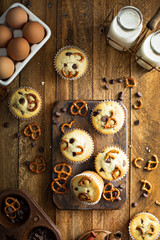 Chocolate chip and pretzel muffins