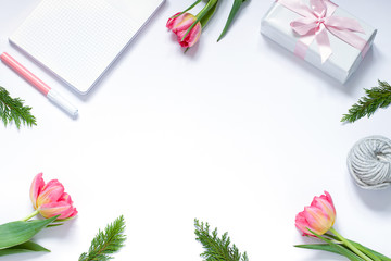 Flat lay composition with fresh flowers. Lifestyle concept frame. Top view. Copy space