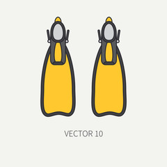 Line flat color vector diver underwater equipment icon rubber flippers. Retro style. Ocean, sea beach. Snorkeling. Summer adventure vacation. Scuba. Illustration, element for your design and wallpaper