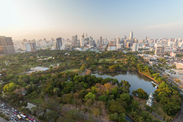 Scenic view of the Lumpini (Lumphini) Park and Bangkok city in Thailand from above. © tuomaslehtinen