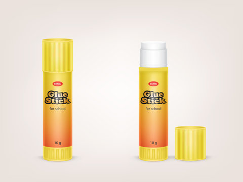Vector realistic yellow tubes of glue stick, with open lid and closed, with label and brand information isolated on background. Container with adhesive for office and school. Mockup for package design