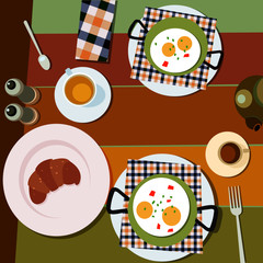 Vector illustration of classic breakfast on the table served with checkered napkins fork, teaspoon, elegant salt shaker. Fried eggs, coffee, tee, and croissants. Vector flat illustration  EPS 10