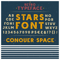 Fototapeta premium Vector illustration of a retro font, the Latin alphabet, uppercase, capital letters, numbers and symbols on textured background. Vintage typeface, sans-serif, for headlines, old posters, signboards