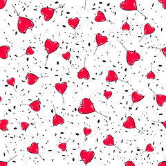 Candy hearts pattern vector. Seamless vector pattern with red sweet lollipops. Wrapping textile fabric wallpaper design.