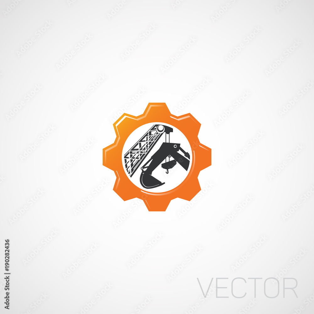 Wall mural vector construction boom crane and excavator bucket in gear logo.