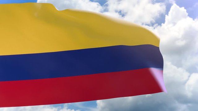 3D rendering of Colombia flag waving on blue sky background with Alpha channel, Colombia is Country in South America, Each year on July 20, Colombians close schools and offices,