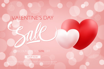 Valentine's Day Sale special offer banner template with hand drawn lettering and hearts for holiday shopping. Discount up to 50% off. Shop now. Vector illustration.