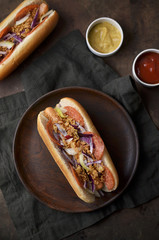 Barbecue Grilled Hot Dog with sauces