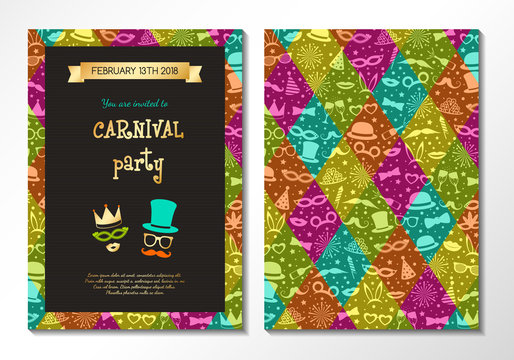 Welcome to Carnival Party - concept of two sided card in retro style. Vector.
