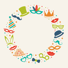 Concept of a party background with funny elements. Carnival, photo booth and birthday party. Vector.