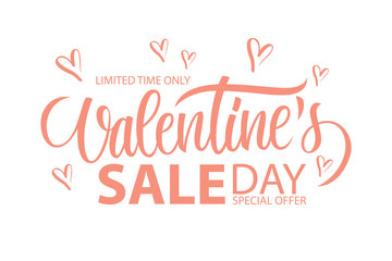 Fototapeta na wymiar Valentine's Day Sale special offer banner with hand drawn lettering and hearts for holiday shopping. Limited time only. Vector illustration.