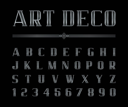 Vector Of Art Deco Font And Alphabet, Silver Letters Set. The Great Gatsby Style