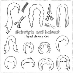 Hand drawn doodle hairstyle and haircut set.