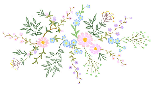 Embroidery white lace floral pattern small branches wild herb with little blue violet field flower. Ornate traditional folk fashion patch design neckline black background vector illustration