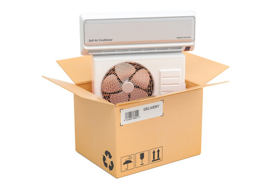 Delivery concept, air conditioner inside cardboard box. 3D rendering