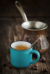 Cup of coffee on wooden table. Coffee Espresso