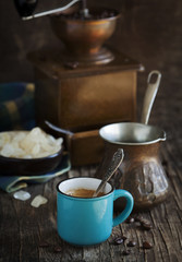 Fototapeta na wymiar Cup of coffee on wooden table. Coffee Espresso