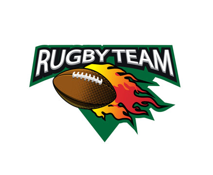 Rugby logo with ball, fire and decorate text.
