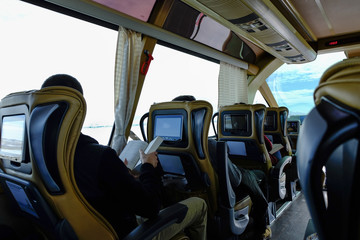 Interior of a bus with many seats