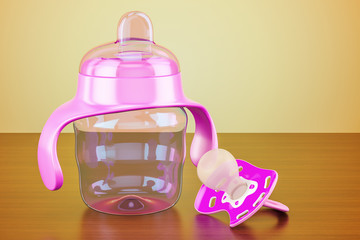 Pink pacifier and non-spill cup on the wooden table, 3D rendering