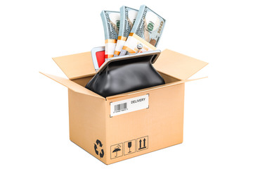 Purse with dollar packs inside parcel, money order concept. 3D rendering