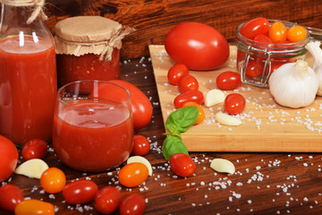 healthy tomato juice with basil made of sweet cocktail tomatoes