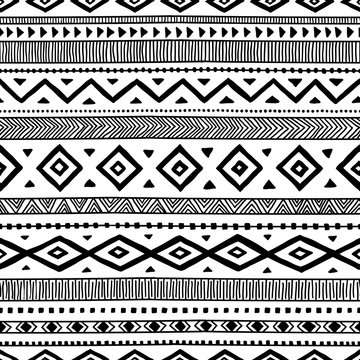 Seamless ethnic pattern. Handmade. Horizontal stripes. Black and white print for your textiles.