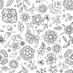Seamless floral print. Fantasy flowers, leaves, plants drawn by hand. Black and white print for textiles.