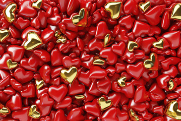 Many small red and gold hearts background. Valentine's Day theme. Top view. 3d rendering.
