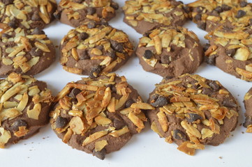 Homemade shortbread cacao cookies with almonds and pieces of chocolate