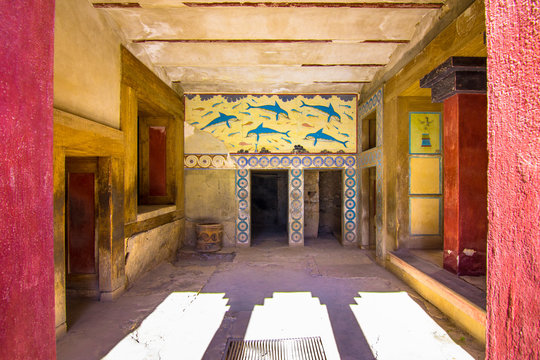 Copies of fresco in a hall at the palace of Knossos, famous ancient city in Crete, located near modern Heraklion city