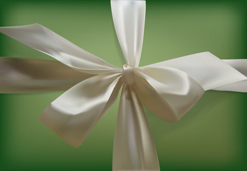 White bow on a green background. Realistic bow of ribbon. Vintage. Vector background