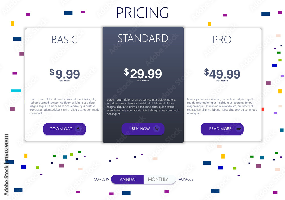 Poster three banners. pricelist, hosting plans and web design boxes of banners. banners for tariffs and pri