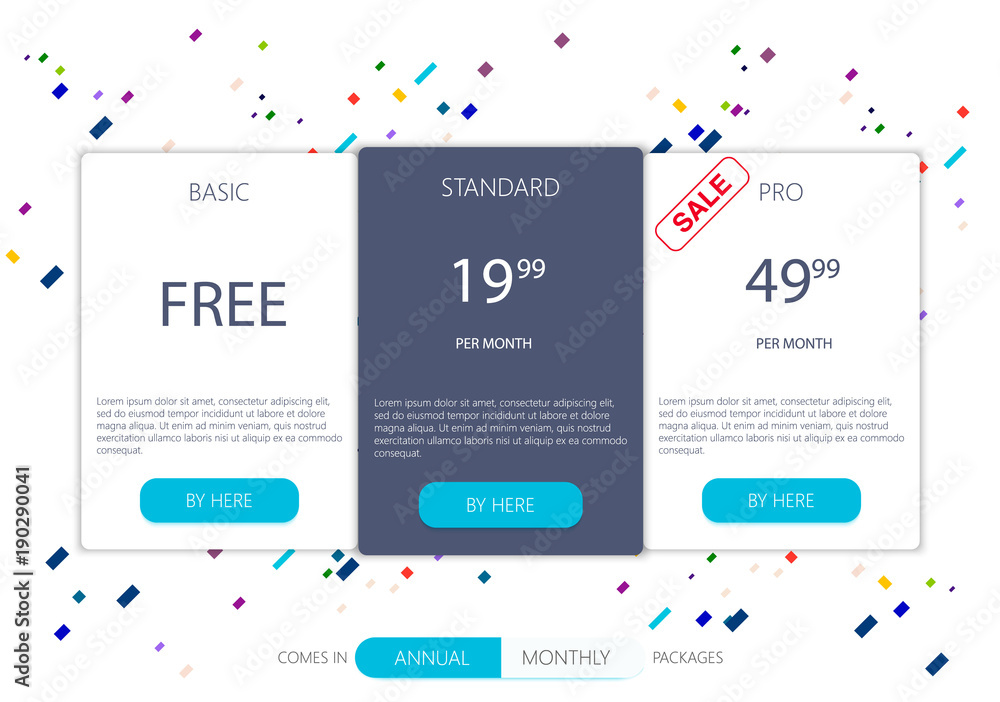 Poster three banners. pricelist, hosting plans and web design boxes of banners. banners for tariffs and pri