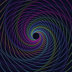 Abstract colorful optical illusion, creative vector spiral symmetric background of multi-colored curved lines
