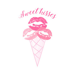 Ice cream and lipstick kiss prints. Sweet kisses handwritten calligraphy design with kisses ice cream for Valentine's day. Valentine's day vector watercolor design.