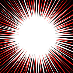 Abstract background with red and black radial lines. Circle shape design element with white center.