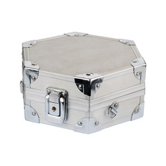 Stylish metal beauty box. A make-up suitcase with make-up, brushes and other attributes to create modern beautiful make-up for a girl, a woman. Set of professional makeup master.